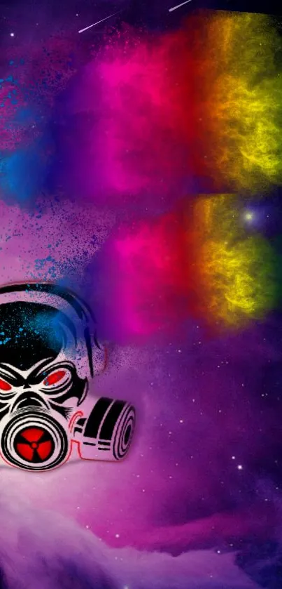 Colorful cosmic wallpaper with gas mask design in vibrant galaxy.