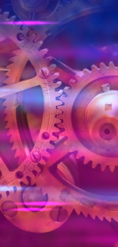 Vibrant gears abstract wallpaper in pink and blue hues for mobile screens.