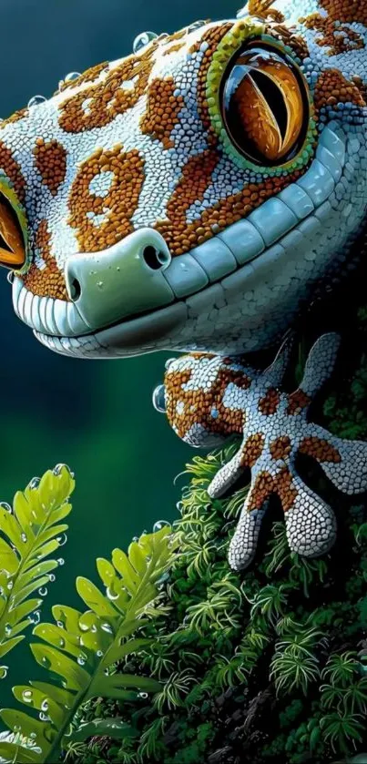 Colorful gecko on vibrant jungle background.