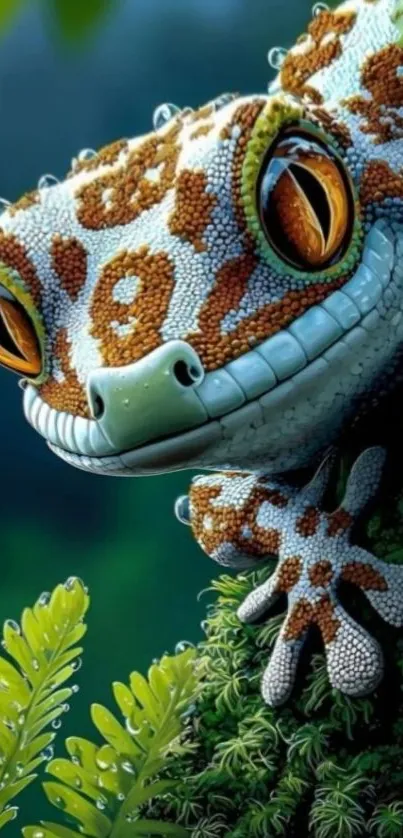 Vibrant gecko with orange patterns on a leafy branch.