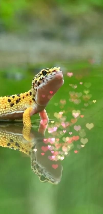 Gecko reflected in green water with heart-shaped bokeh effect.