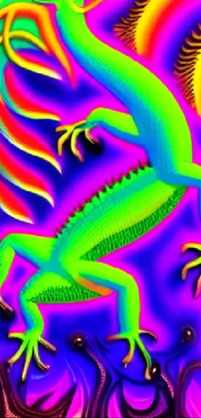 Neon green gecko on a psychedelic purple background with vibrant orange accents.