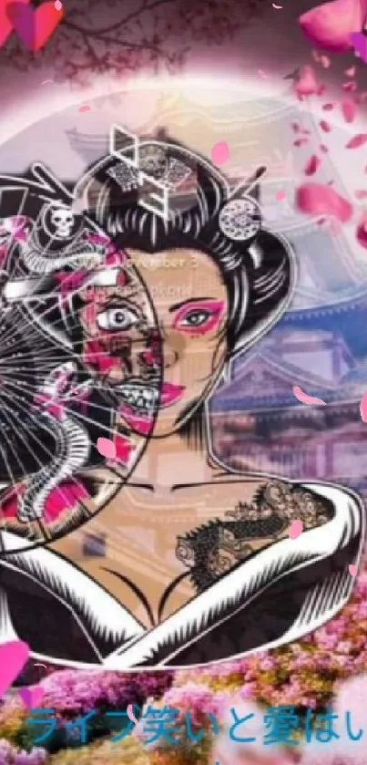 Geisha-themed wallpaper with pink hearts and intricate tattoo art.