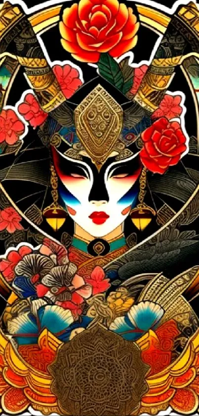 Intricate geisha art mobile wallpaper with vibrant colors and cultural design.