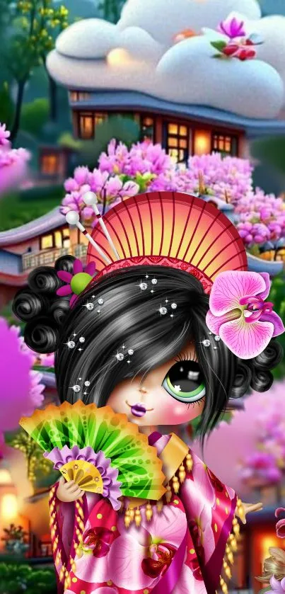 Vibrant geisha and pink blossoms in Japanese art style.