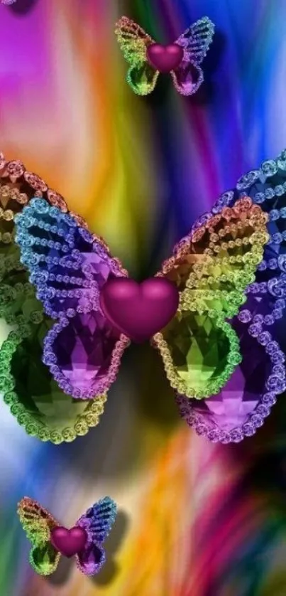 3D colorful gemstone butterflies on a vivid abstract background.