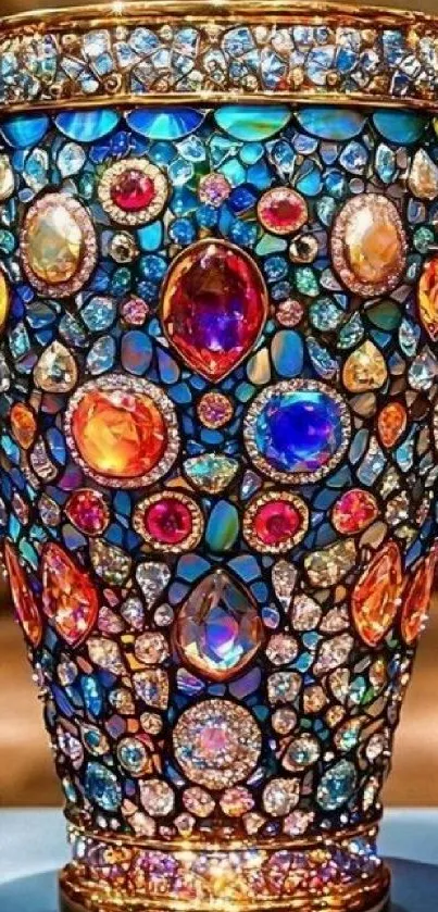 Vibrant gem-encrusted vase with colorful stones on display.