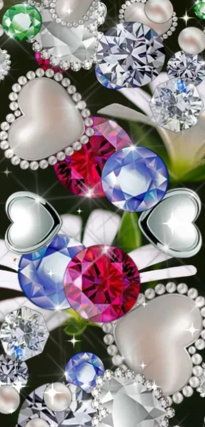 A dazzling wallpaper with colorful gems and heart patterns, full of sparkle.