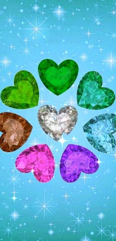 Colorful gem hearts on blue background wallpaper.