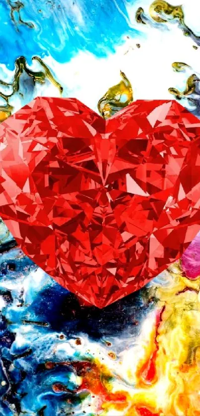 Red gem heart on a colorful abstract background.