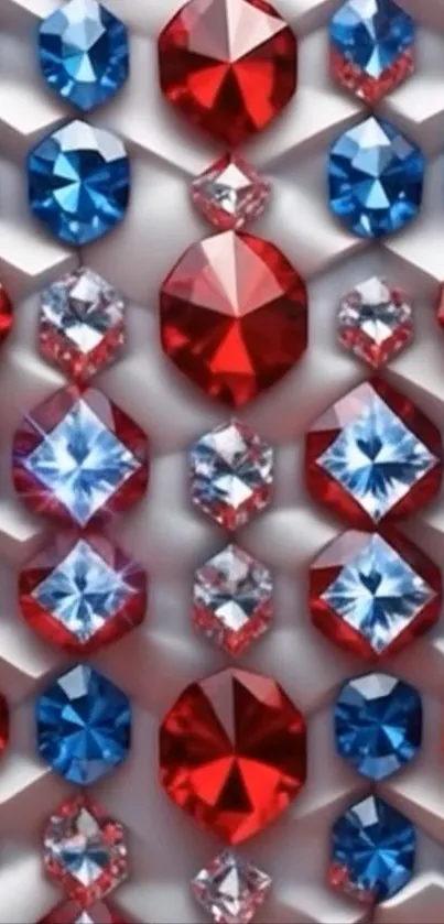 Vibrant red, blue, and white gem pattern wallpaper.