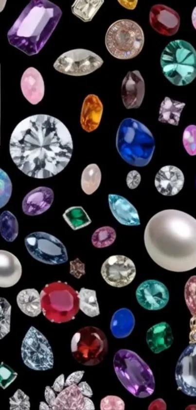 Assorted colorful gems and pearls on a black background.