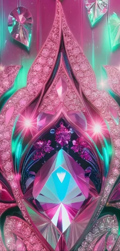 Vibrant gemstone abstract design with pink and teal colors.