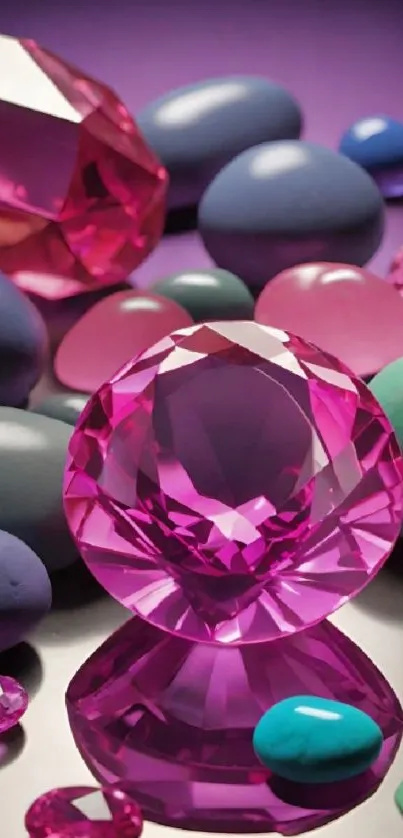 Colorful gemstones in pink, blue, and purple hues arranged artfully.