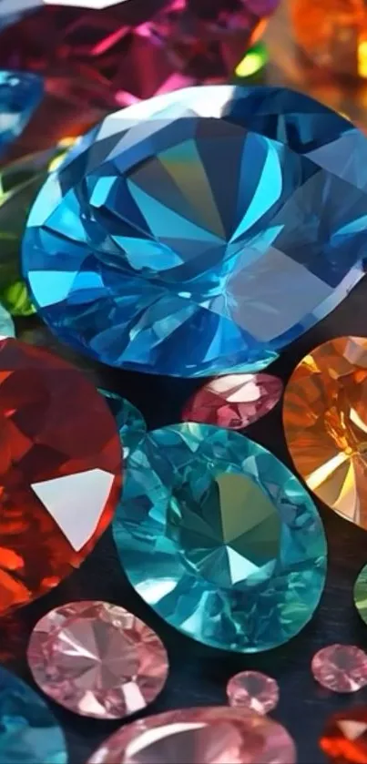 Colorful gemstones shining in vibrant array on dark background.