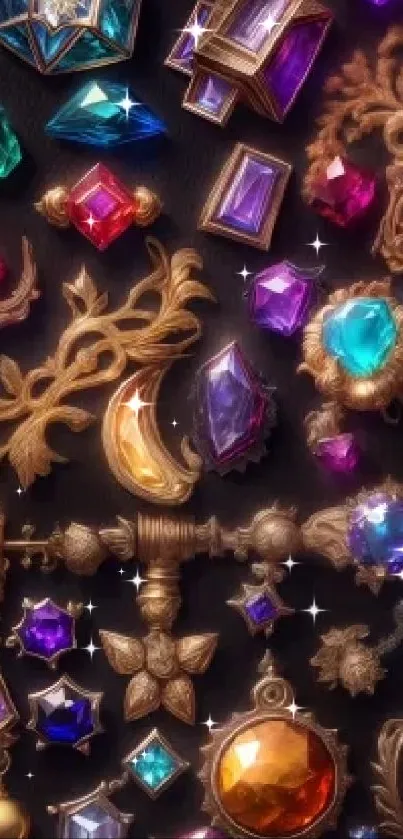 Colorful gemstone and gold art wallpaper with vibrant design.