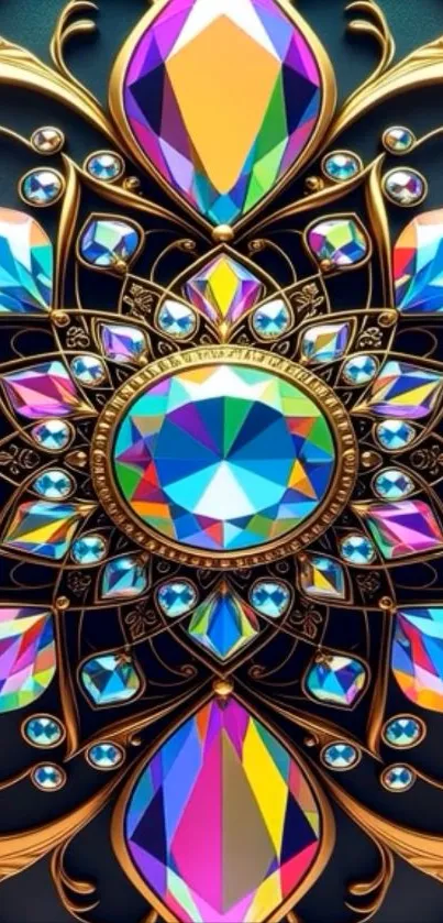Vibrant gemstone art with colorful geometric patterns and golden accents.