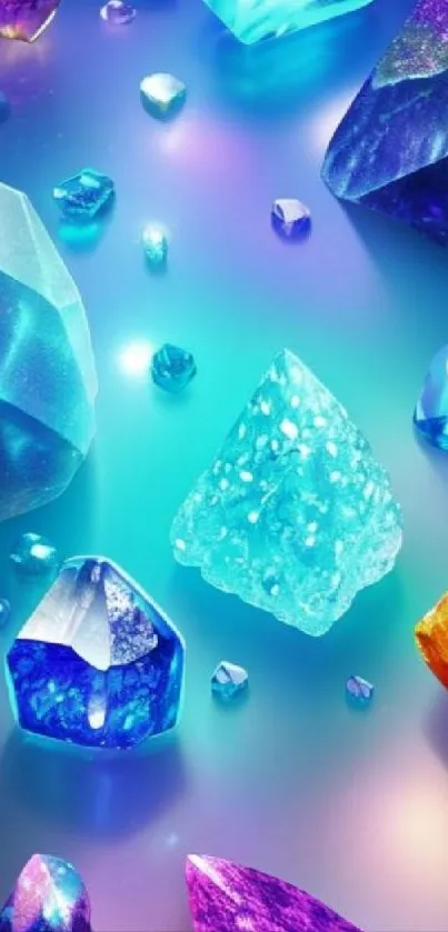 Vibrant gemstone wallpaper with glowing crystals on a colorful background.