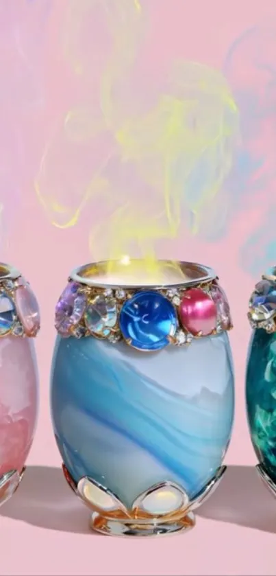 Gemstone candles with pastel smoke and colorful designs.
