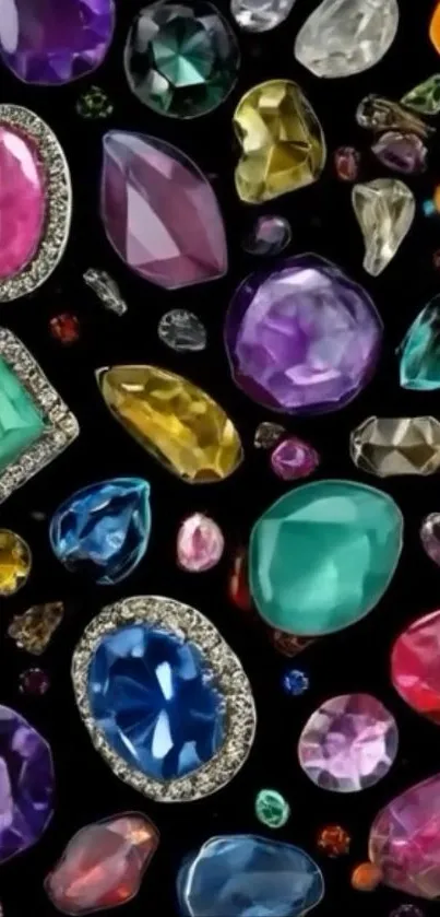 Vibrant gemstones in various shapes and colors on a black background.