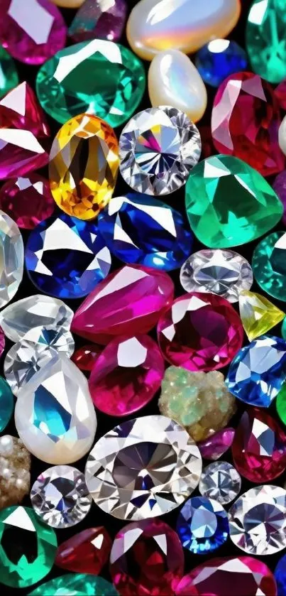 Vibrant collection of colorful gemstones and jewels in a mobile wallpaper.
