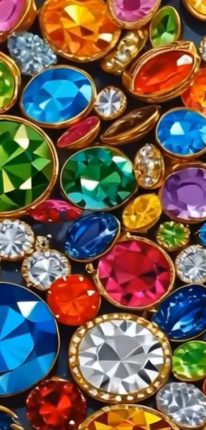 A vibrant mobile wallpaper with colorful gemstones and shiny jewels.