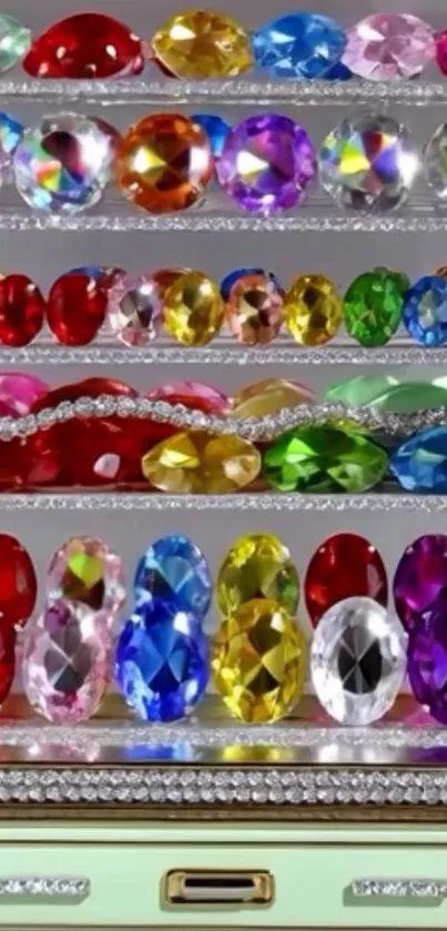 Colorful gemstones displayed in rows.