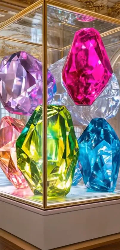 Colorful gemstone display in a museum setting.