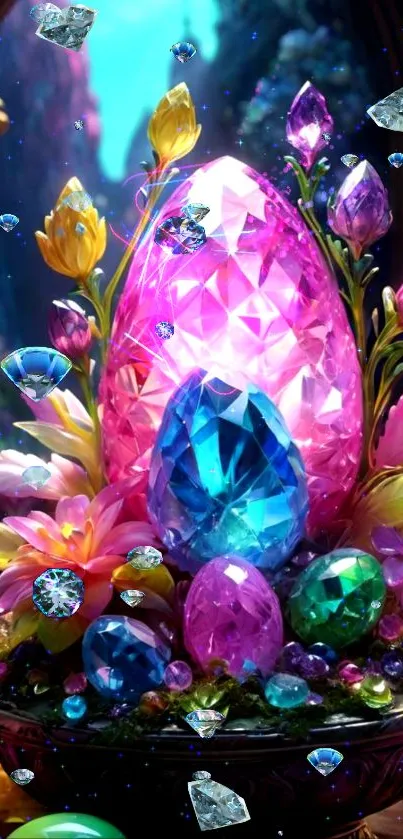 Vibrant fantasy wallpaper with colorful gemstones and flowers.