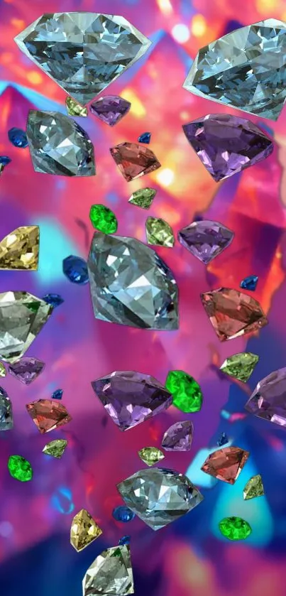 Colorful floating gemstones against a vibrant purple background.