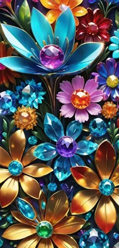 Colorful gemstone floral artwork with vivid flowers.