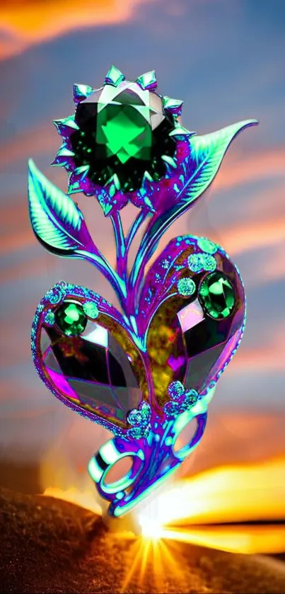 Vibrant gemstone flower with green glow and sunset hues.