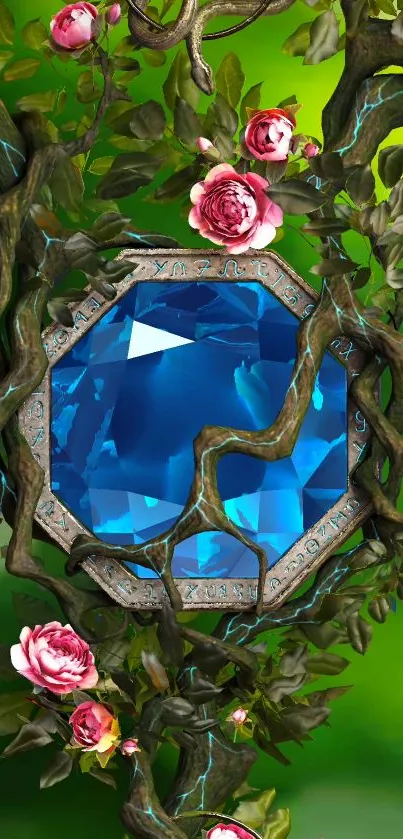 Blue gemstone with vines and roses on a vibrant green background.