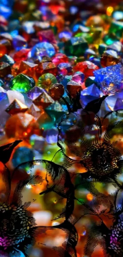 Colorful gemstones blend with artistic floral patterns.