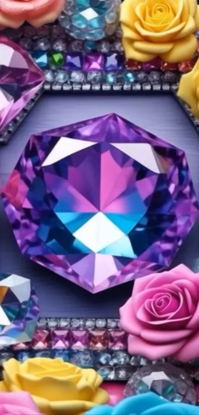 Vibrant gemstone surrounded by colorful roses and sparkling gems.