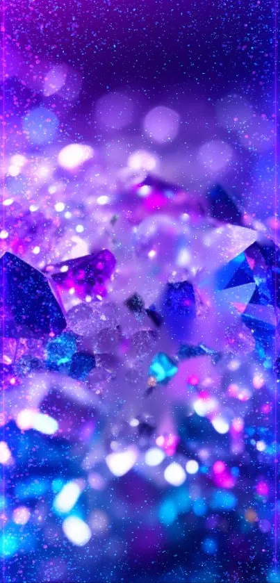 Mobile wallpaper with vibrant purple and blue gemstones creating a cosmic effect.