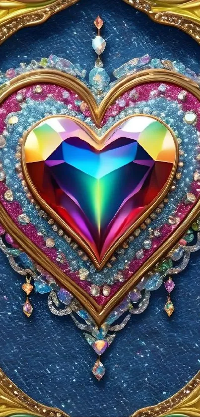 Colorful heart jewel on an ornate background.