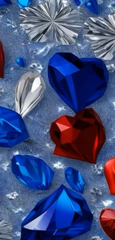 Vibrant gemstone hearts on blue background.