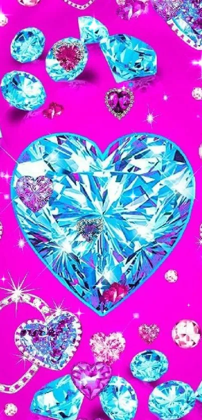 Vibrant blue gemstone hearts on hot pink background mobile wallpaper.