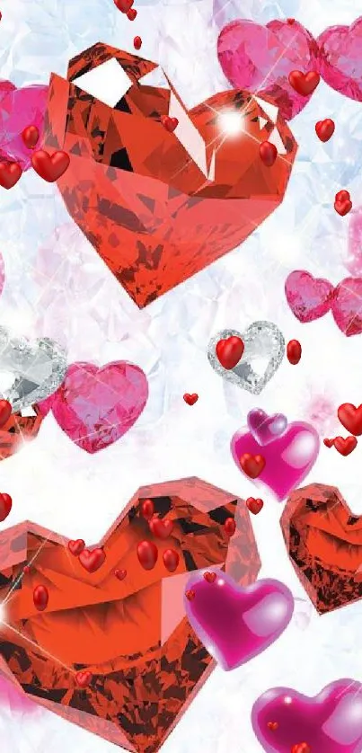 Vibrant red gemstone hearts on sparkling background.