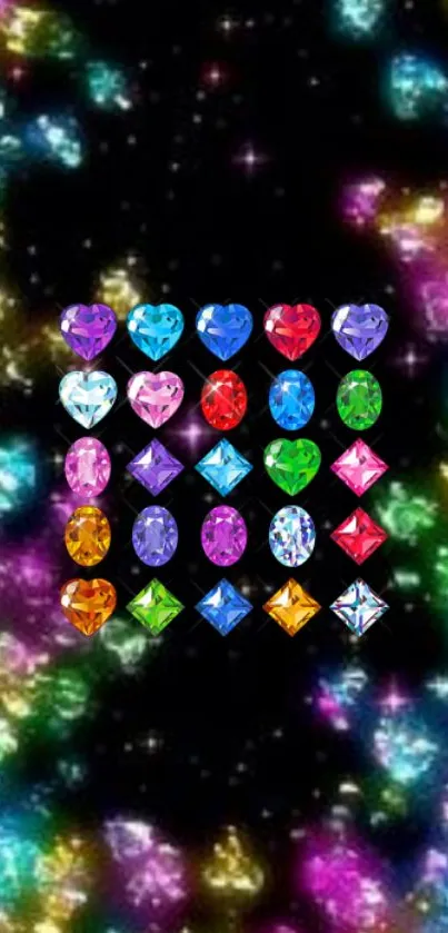 Vibrant multi-colored gemstone heart design on black background.