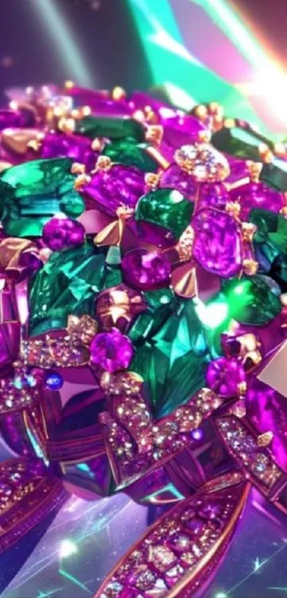Vibrant gemstones and jewels wallpaper with emerald and purple hues.
