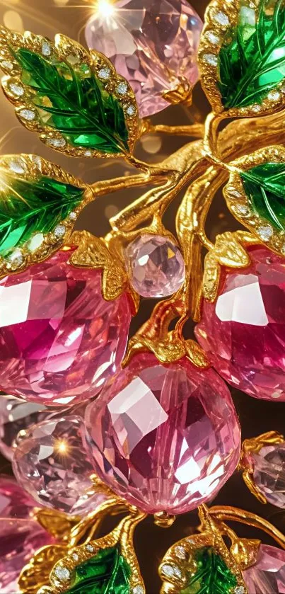 Gemstone design with pink jewels and green leaves.