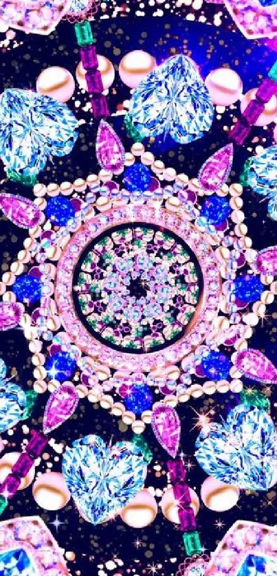 Vibrant gemstone mandala with diamonds and pearls on a colorful design.