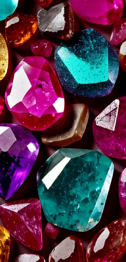 Vibrant gemstones in teal, magenta, purple, and gold hues.