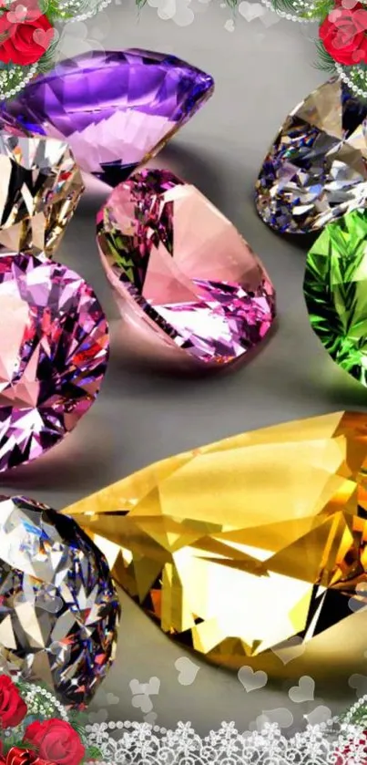 Colorful gemstones with floral accents create a luxury phone wallpaper.