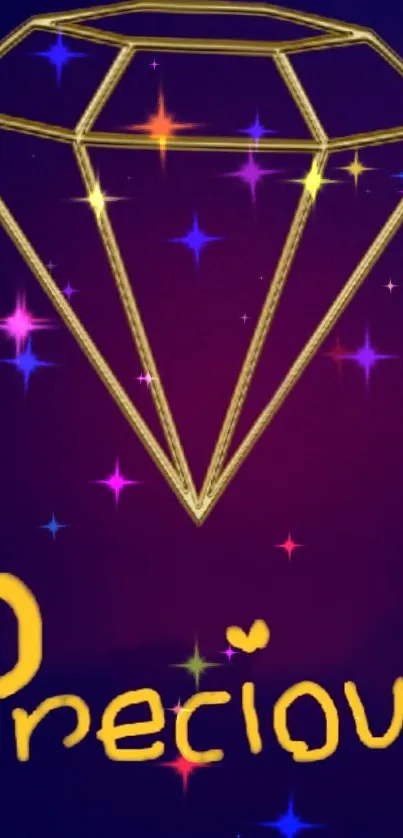 Vibrant mobile wallpaper with golden gem on a starry purple background