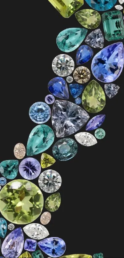 Vibrant gemstone pattern on a black background mobile wallpaper.