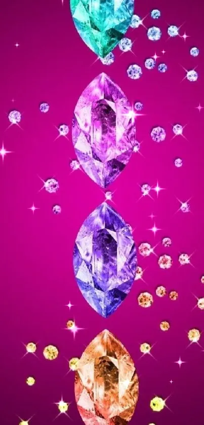 Vibrant gem mobile wallpaper with colorful gemstones on magenta background.