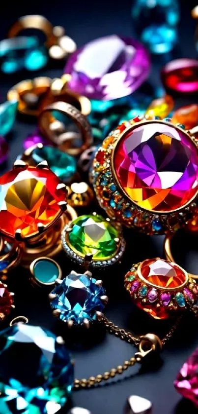 Vibrant gemstone mobile wallpaper with colorful jewels on a dark background.